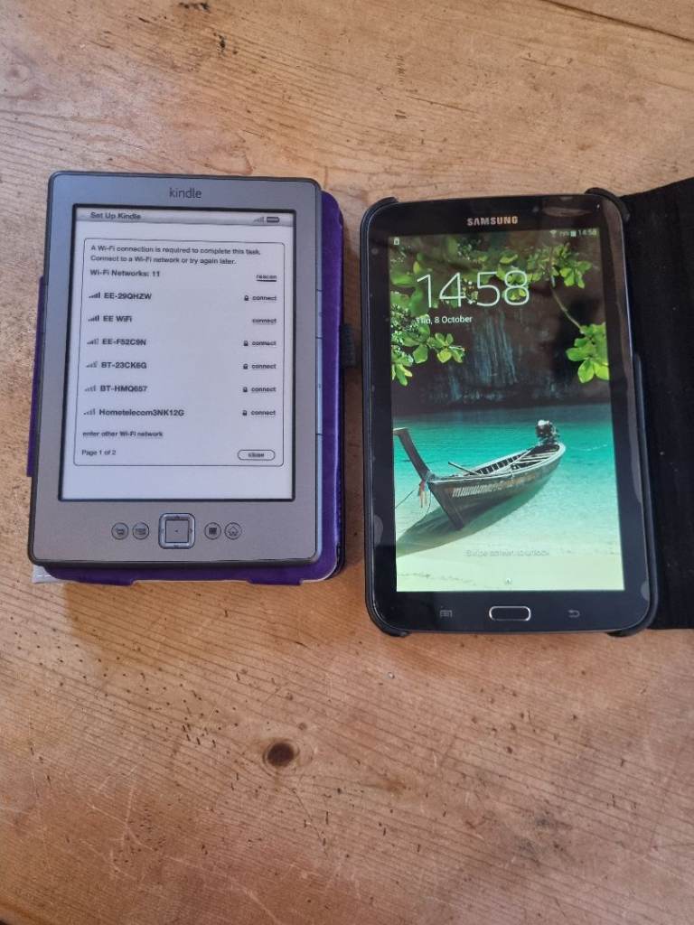 Amazon Kindle E-reader with Purple Case – Good Condition