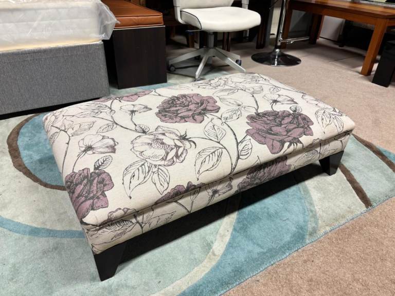 Large Flowers Pattern Beige Fabric Footstool excellent condition 