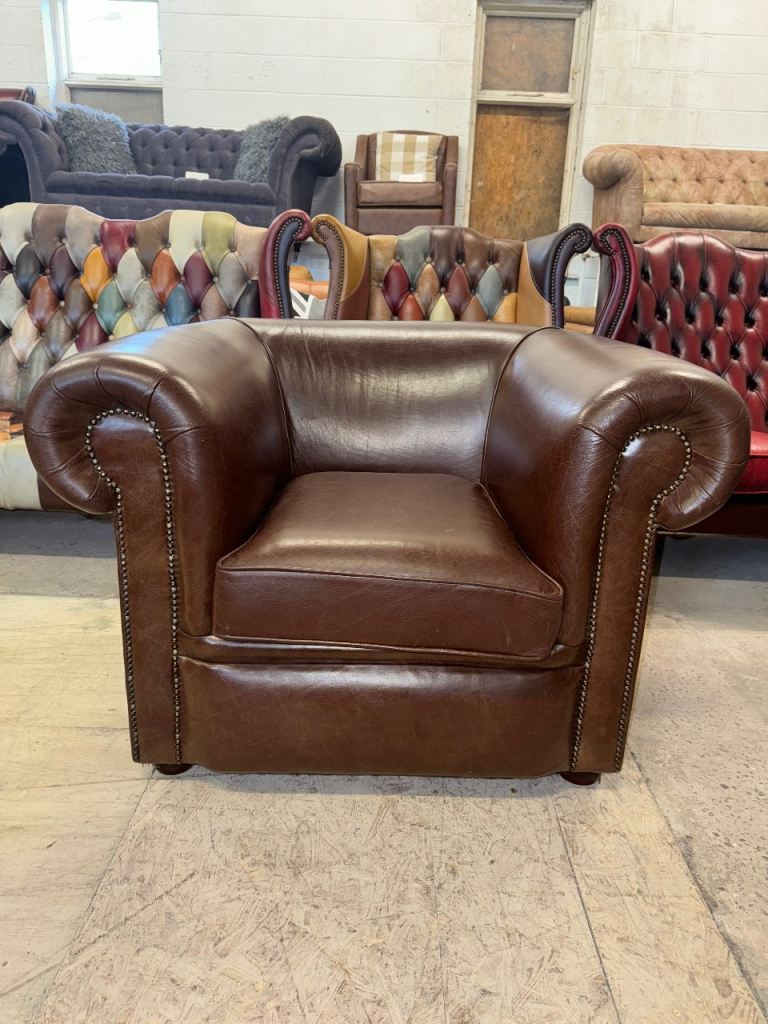Chesterfield style brown real leather club chair 2 available