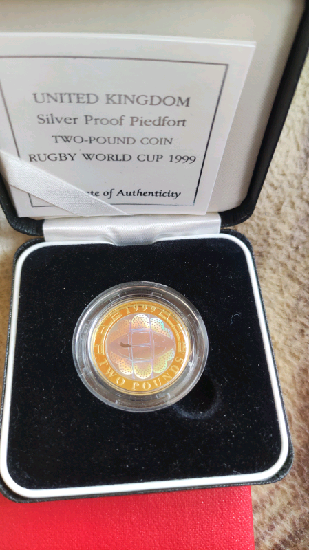 🔥925Ag!Rare error! 1999 Rugby World Cup Silver Proof Piedfort  2 pound coin