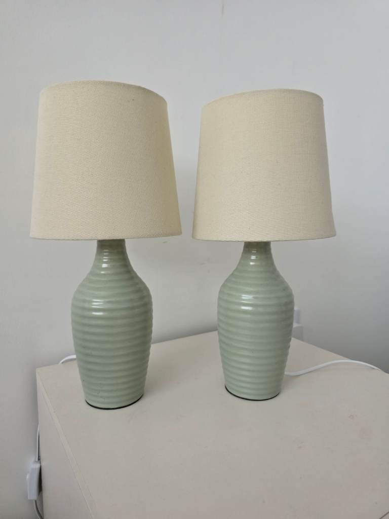 Pair of Light Green Ceramic Table Lamps with Cream Shades