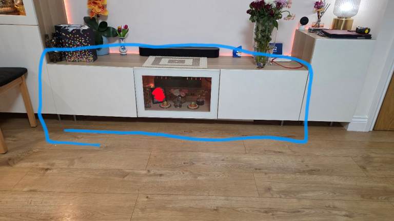 image for IKEA BESTA TV bench with doors, white stained oak effect/Selsviken high-gloss/white