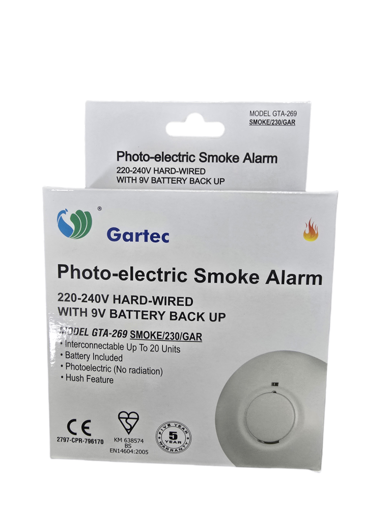 240V Mains Powered Photoelectric Smoke / Heat Alarm With 9V Battery Back Up