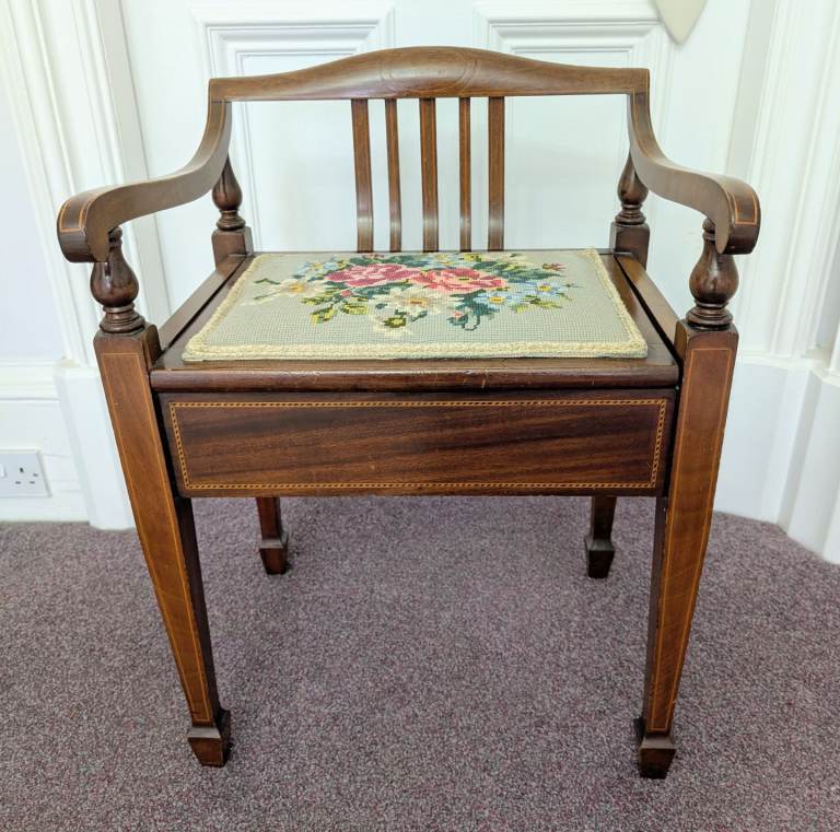 Pretty Edwardian Inlaid Stool with Storage.