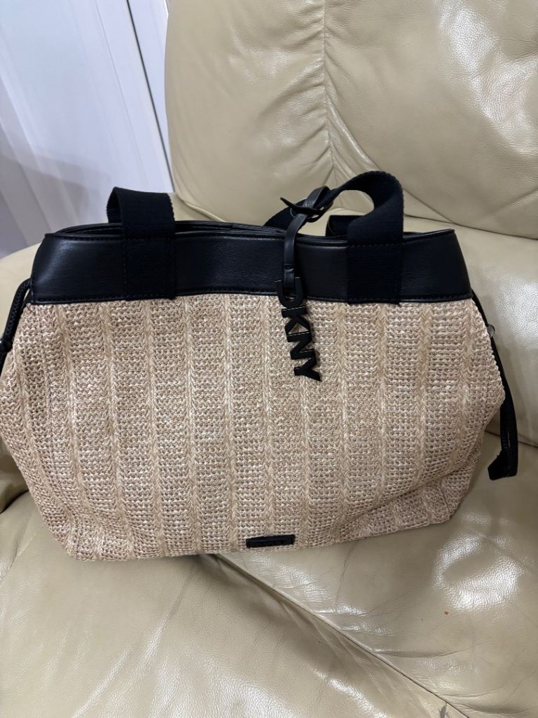 New DKNY Straw Effect Tote Bag - Black and Beige