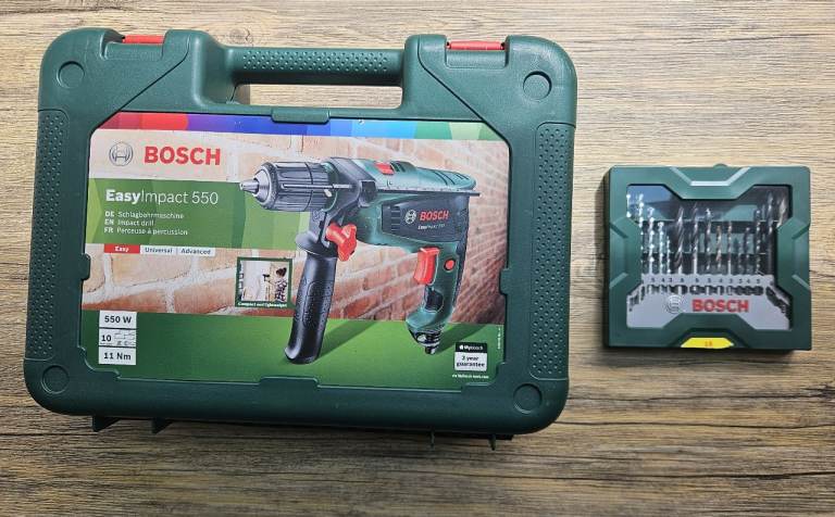 Bosch EasyImpact 550 Hammer Drill, Green + 15-Piece Mini-X-Line Twist Drill Bit Set