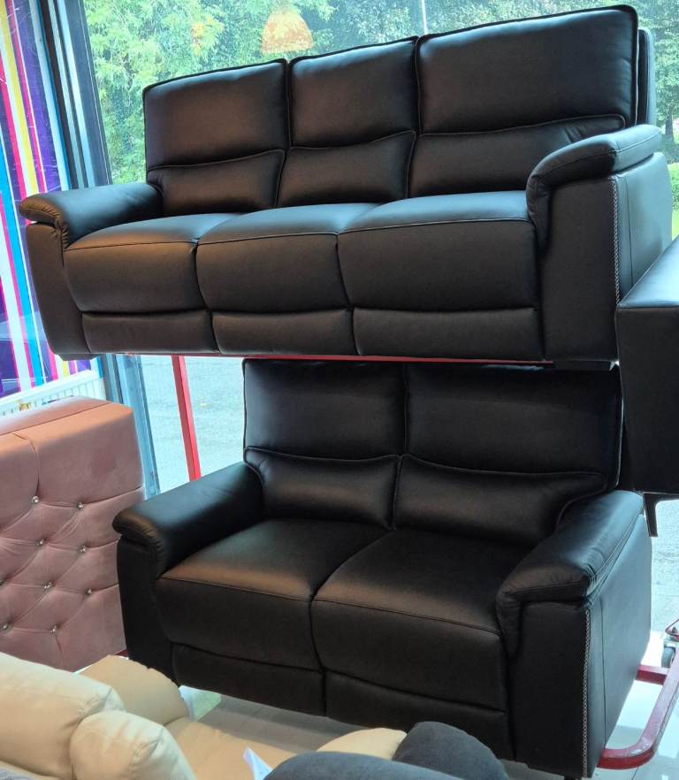 Black Real Leather 3+2 Seater Sofa Set New 