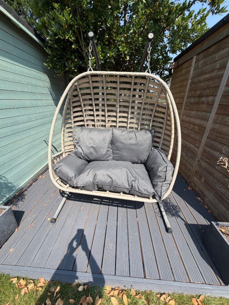 Garden Rattan Hanging Egg Chair with Grey Cushions