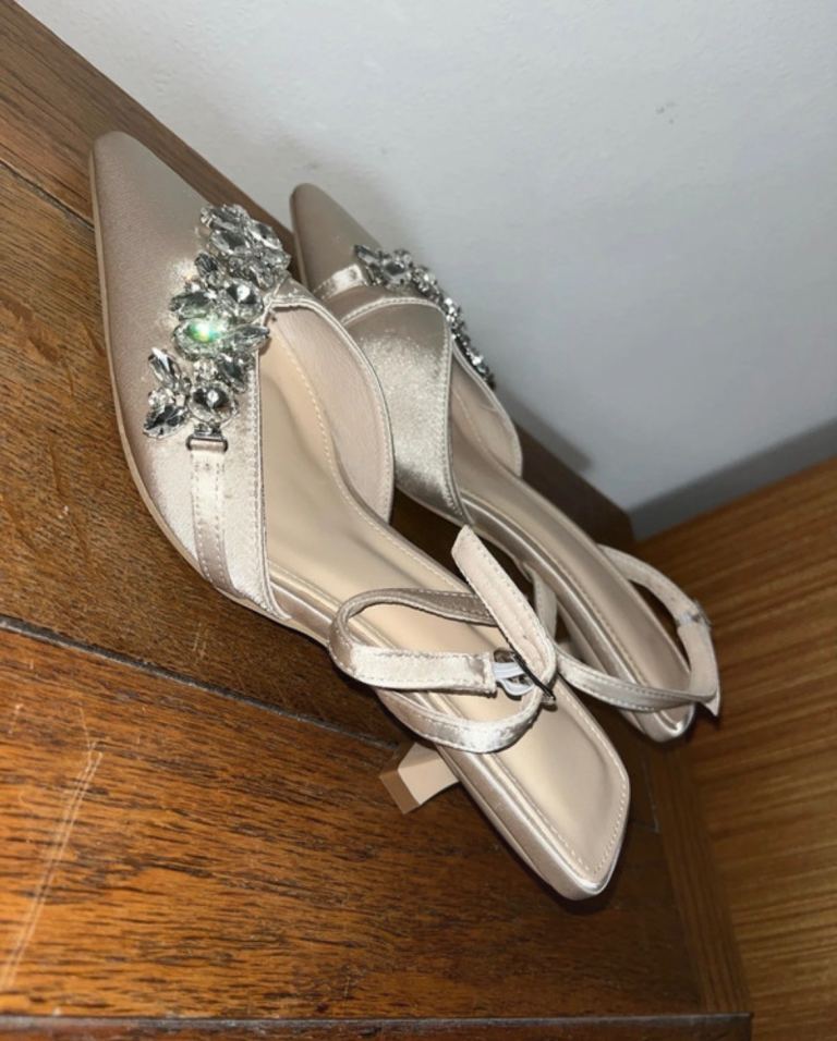 New Beige Satin Embellished Kitten Heel Mules