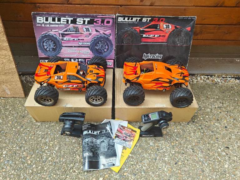 2 x HPI Bullet 3.0 RC car / off road monster trucks. Nitro/glow engines and 2.4 ghz radio. Upgraded.