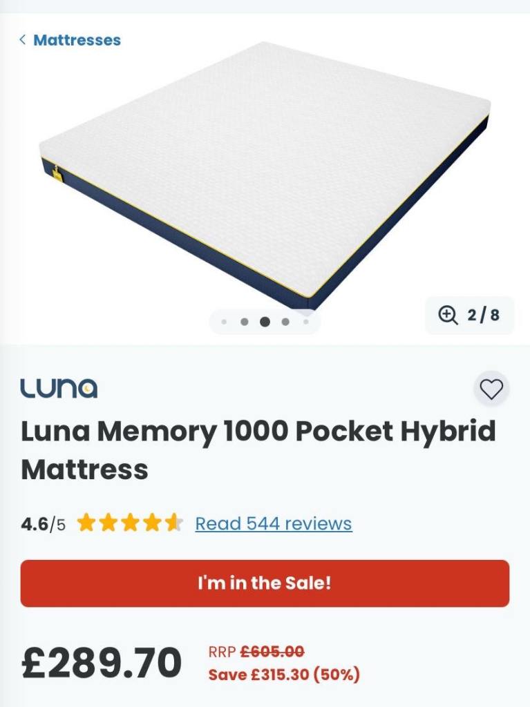 Luna Memory 1000 Pocket Hybrid Mattress double Ex display 
