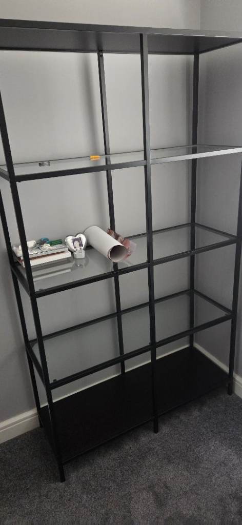 Modern Black Metal and Glass Shelving Unit