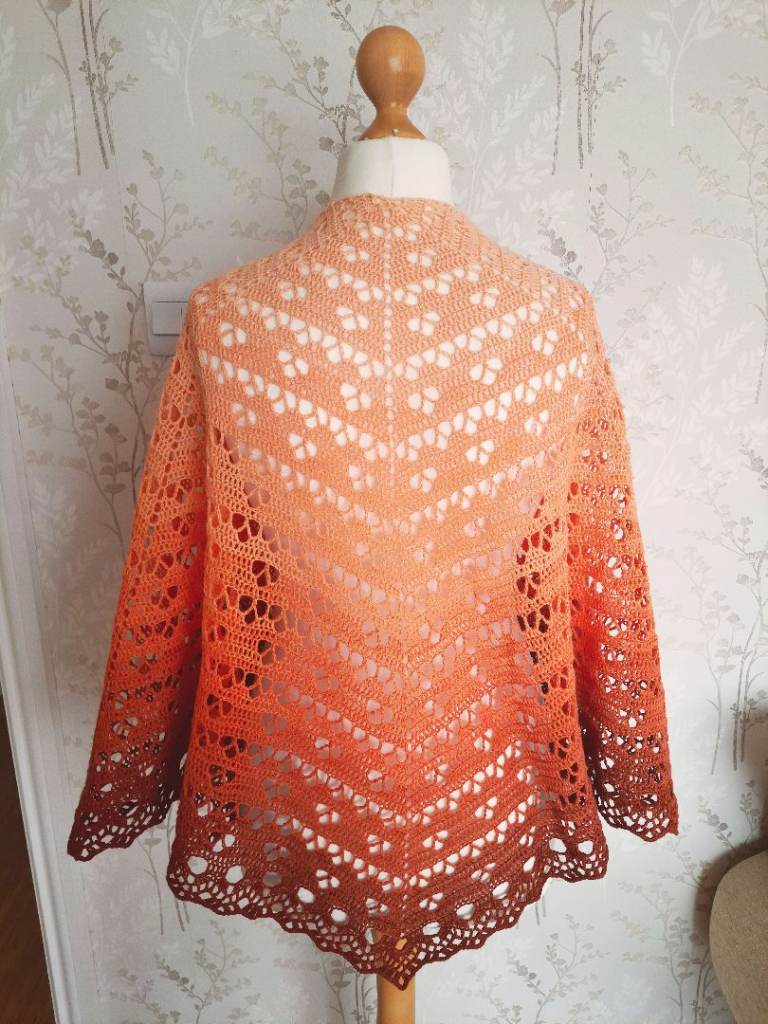 Gradient Knitted Shawl. Lace Shoulder Wrap. Crochet Shrug / Cover Up. Boho Ombre, Warm Autumn Hues