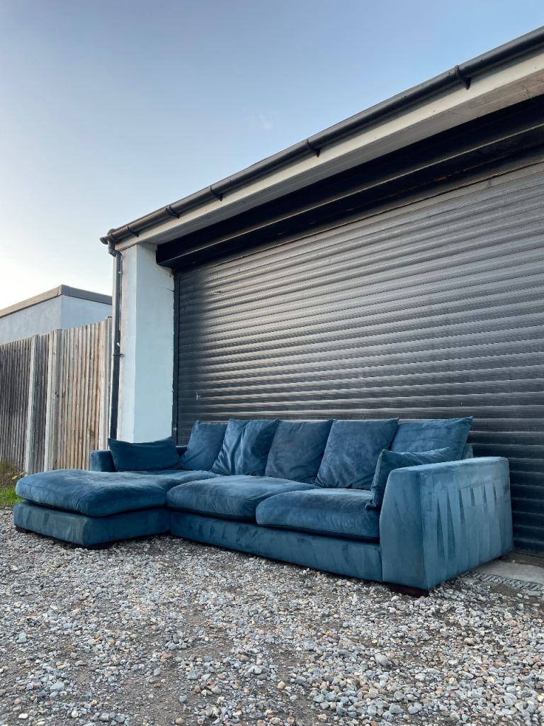 Large blue velvet DFS L shaped corner sofa - DELIVERY AVAILABLE!