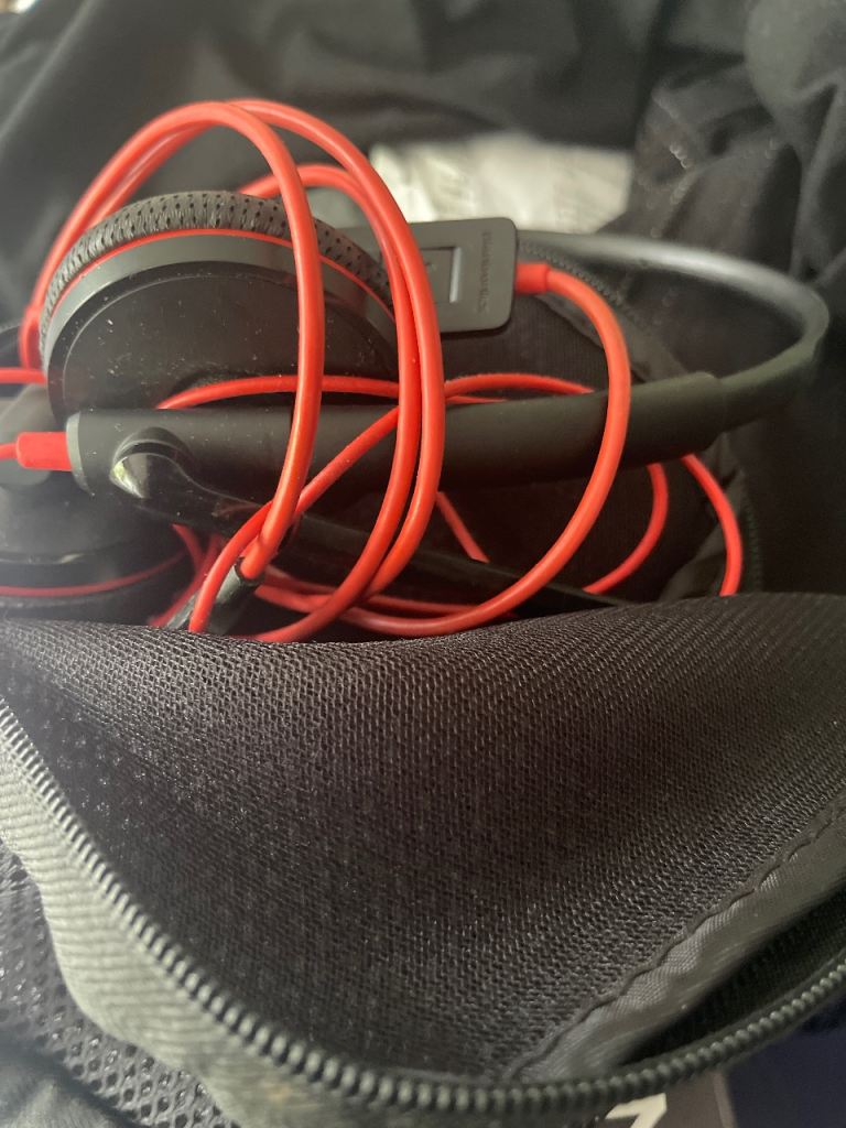 Black Headphones with Red Cable – Good Condition