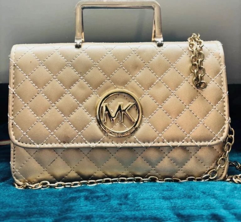 Nude Gold Quilted Crossbody Bag with Chain Strap & Top Handle