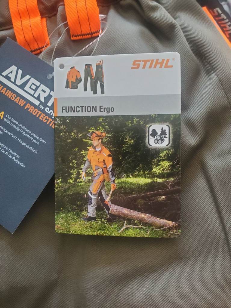 NEW. STIHL FUNCTION ERGO Chainsaw Trousers, Design A / Class 1 Protection. Size Large.