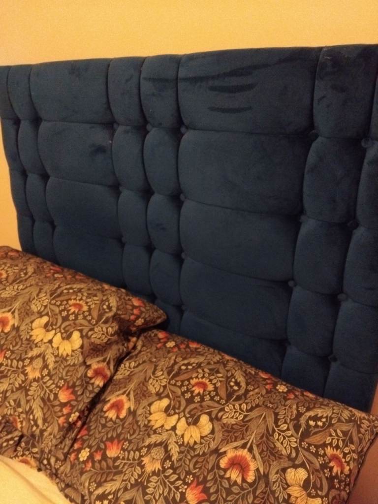 Small, double bed. Blue Velvet with 2 storage drawers.  With mattress. 