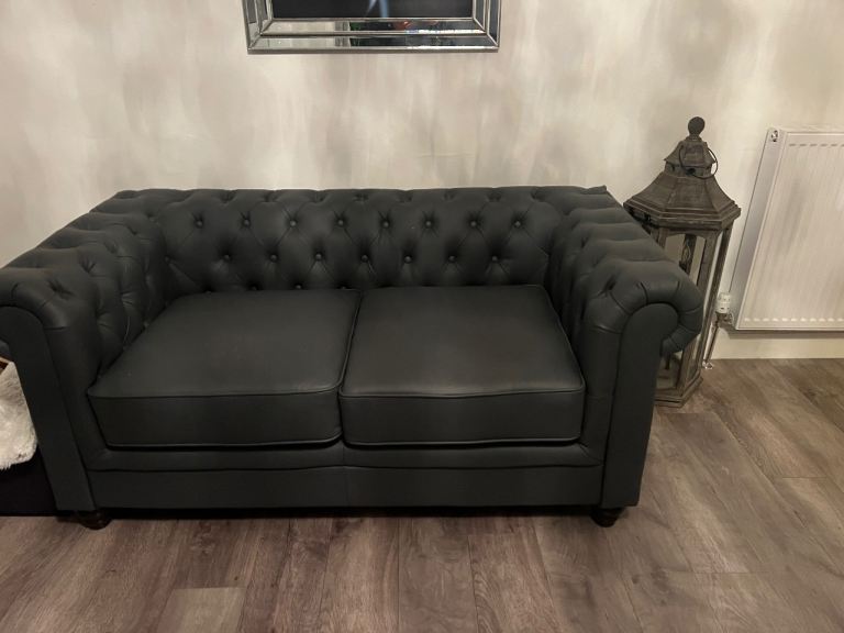 Chesterfield Style faux Leather Sofas – Grey, Good Condition