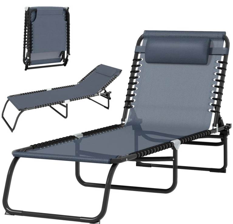 Grey Folding Sun Lounger with Headrest – New