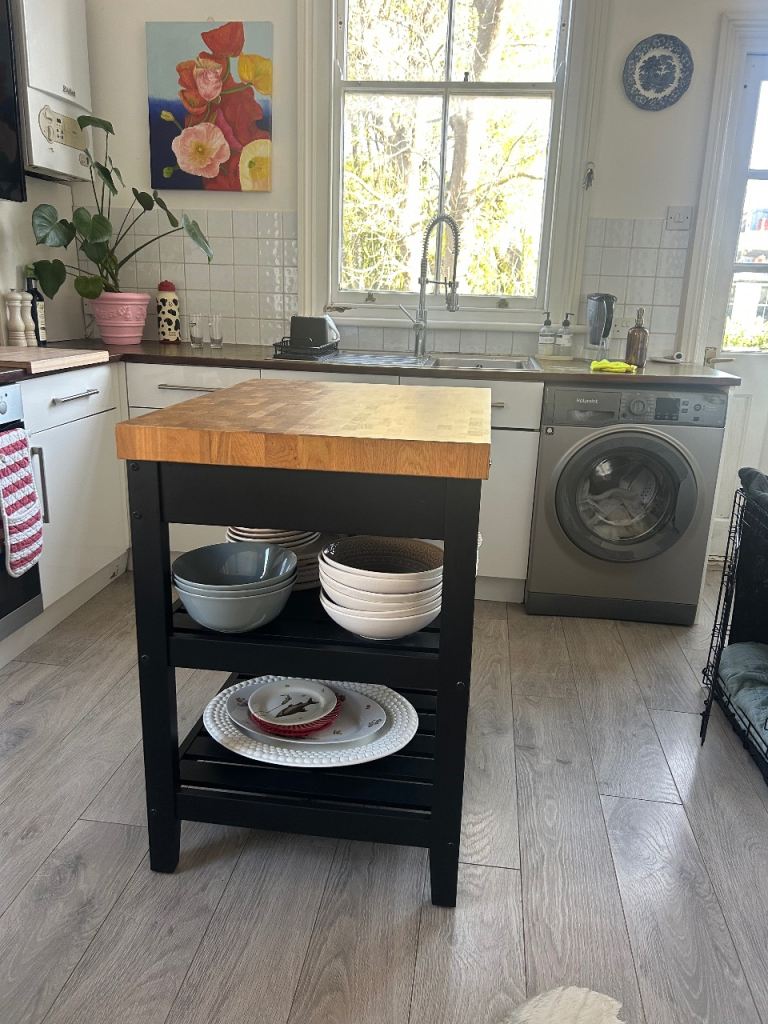 VADHOLMA Kitchen island, black/oak, 79x63x90 cm