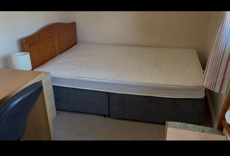 Double Bed with Grey Divan Base and Wooden Headboard