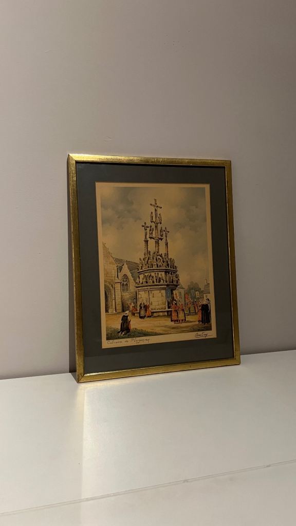 1930s French Lithograph “Calvaire de Plougonnec” by Baugé – Brittany Religious Procession Scene