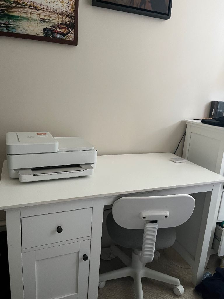 White Study Desk with Drawer and Cupboard – Good Condition