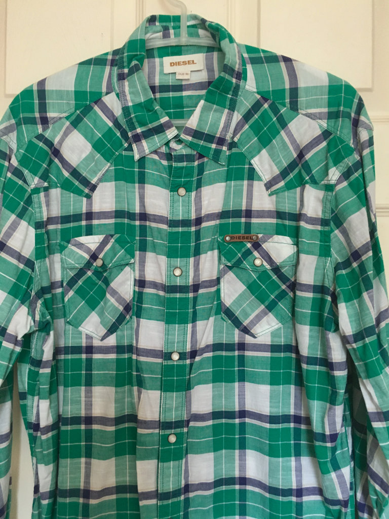 MEN'S DIESEL GREEN WHITE BLUE CHECKED SHIRT SIZE XL. Press snap pearl buttons