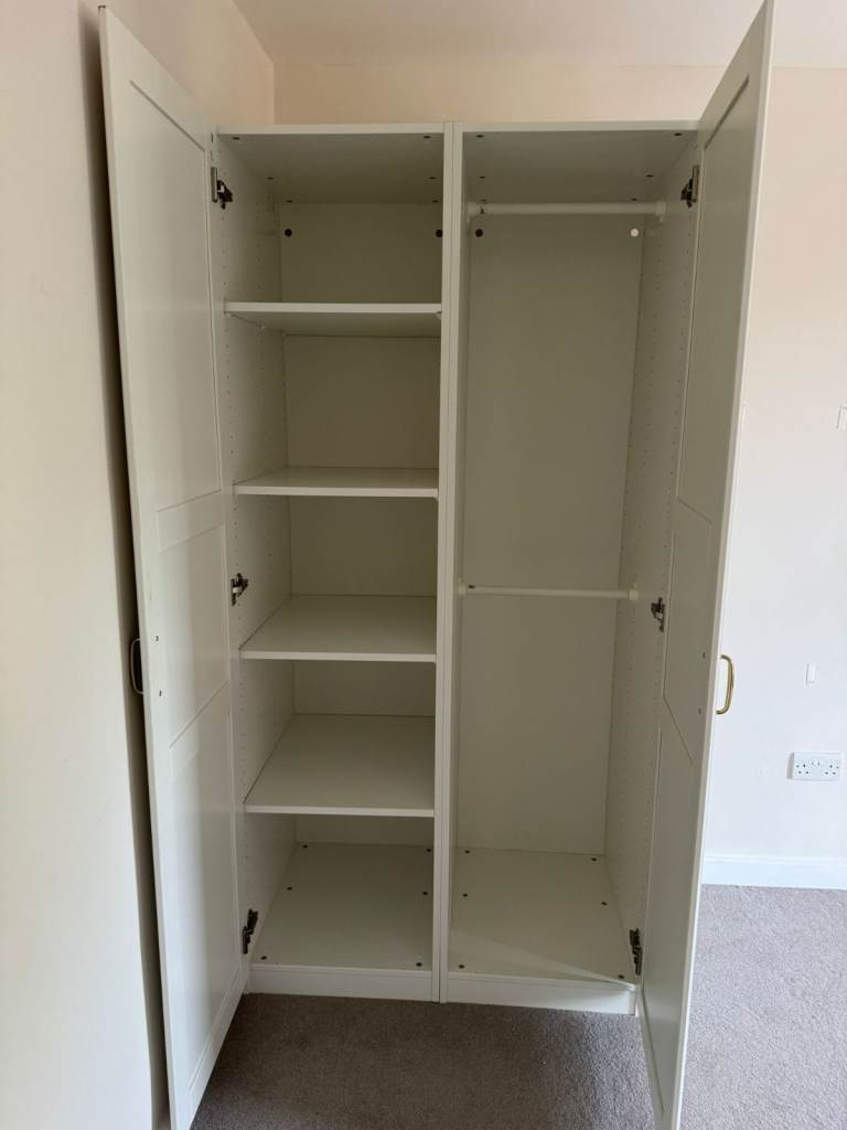 IKEA PAX Double Wardrobe - White with Shelves and Rail