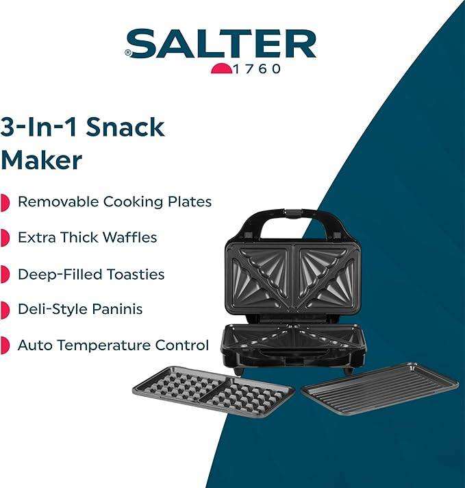 Salter 3-in-1 Snack Maker – Waffle Maker, Sandwich Toaster & Panini Press (900W)