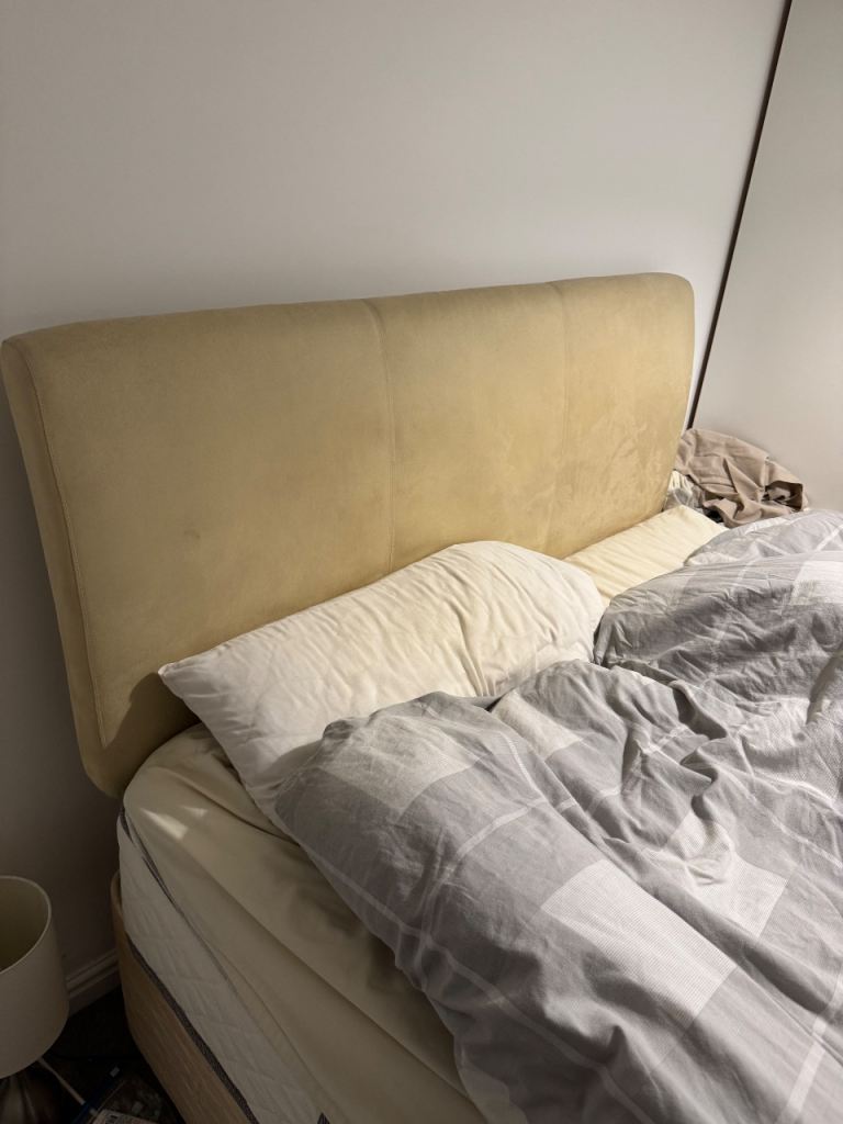 Beige Upholstered Bed Frame with Storage Drawers (4 Total)