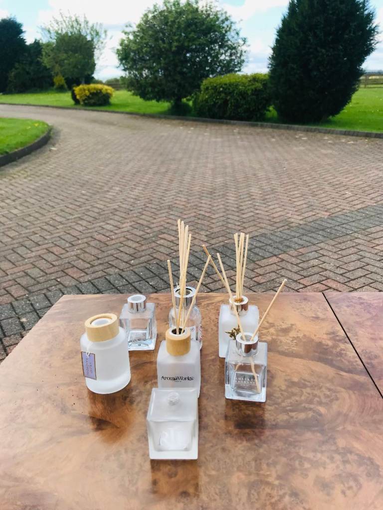7 X GLASS EMPTY DIFFUSERS BOTTLES + NEW STICKS, RALPH LAUREN, AROMA WORKS ETC