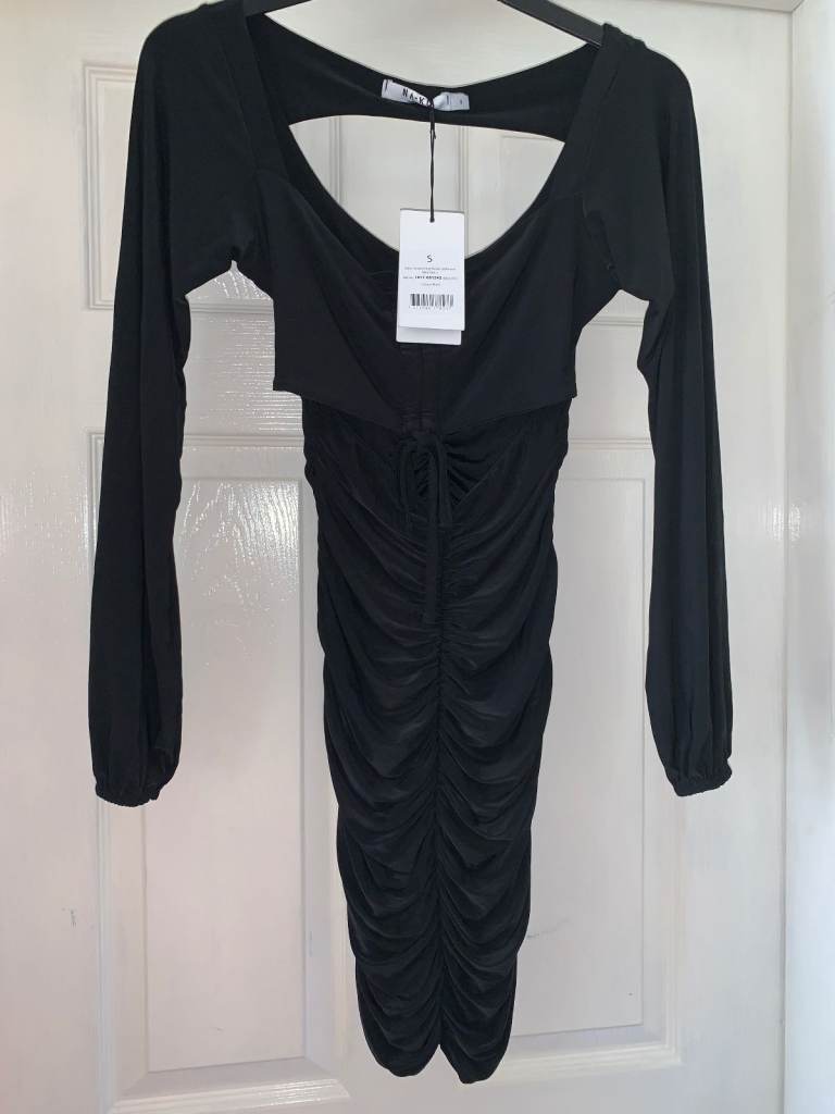 New NA-KD Black Ruched Dress Size Small IP1