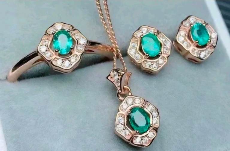 vermeil-18ct gold plated-solid 925 silver-women- girl-new-trendy-natural emerald