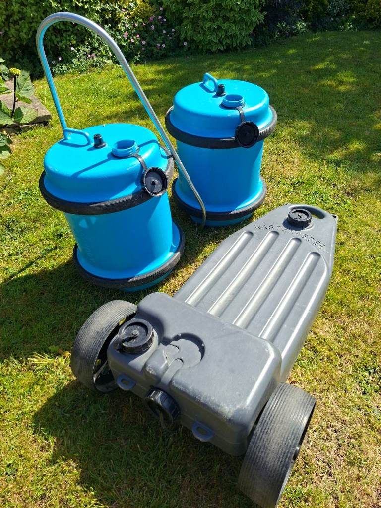 2 caravan Aquaroll water containers, and caravan waste container
