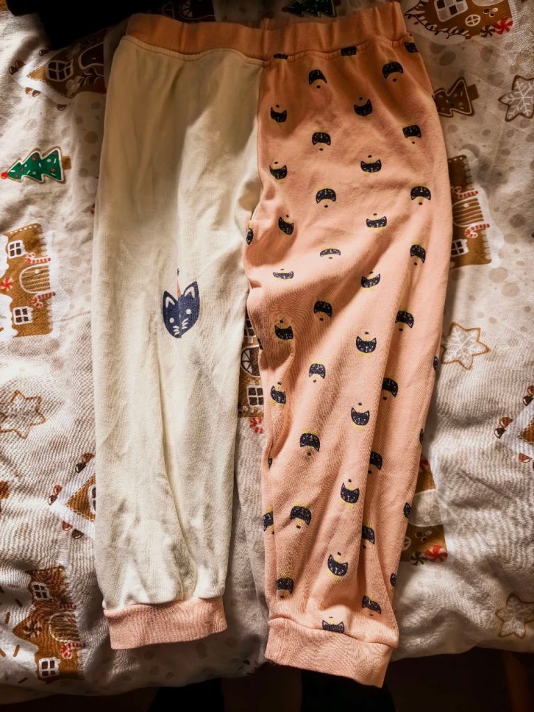 Fun Kids' Trousers – Pink & Cream, Cat & Sushi Print, Good Condition
