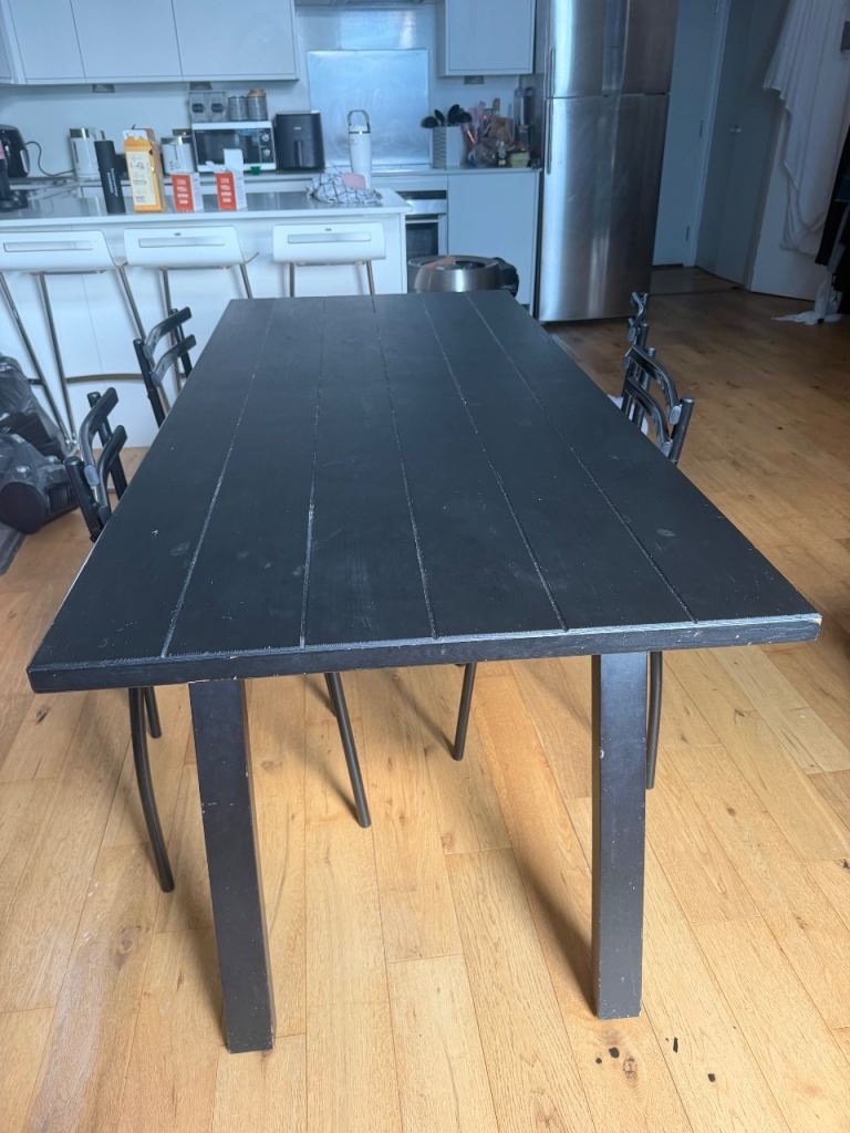 Black Wooden Dining Table with Metal Chairs – Good Condition