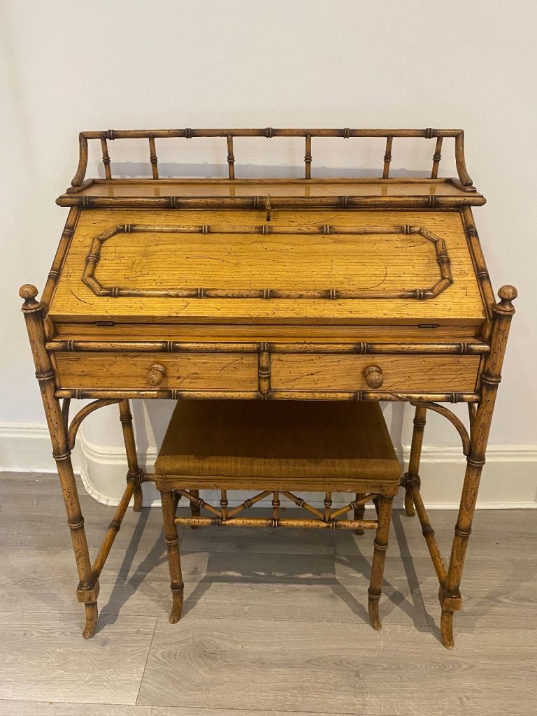 Beautiful Vintage Antique Bamboo Bureau / Desk & Matching Stool