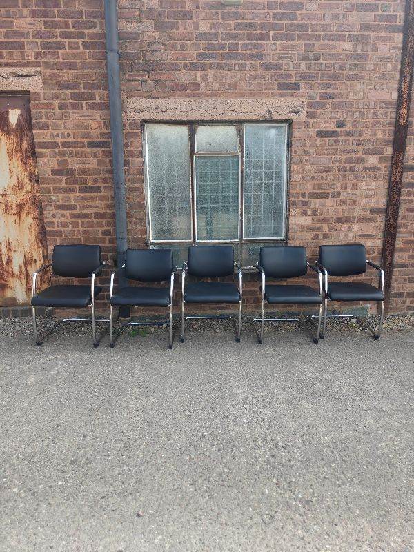 5 x Black & Silver Faux Leather Cantilever  Office Or Home Boardroom Chairs