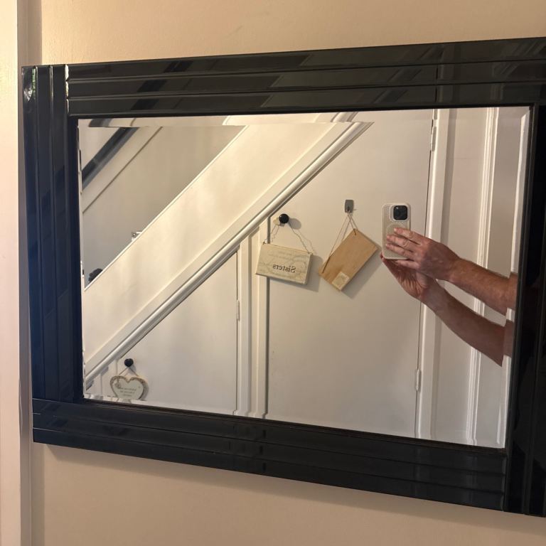 Mirror black glass ribbed frame felt backing and edging 80 x 60 cm 