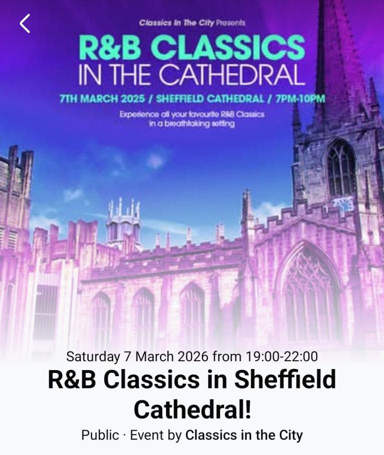 Two tickets to R&B Classics Night at Sheffield Cathedral 