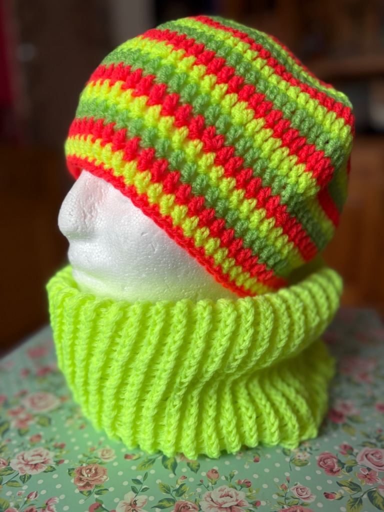 Hand Crocheted Wool Adult Hat & Cowl Bright Neon Colours (coral, yellow, and lime green)