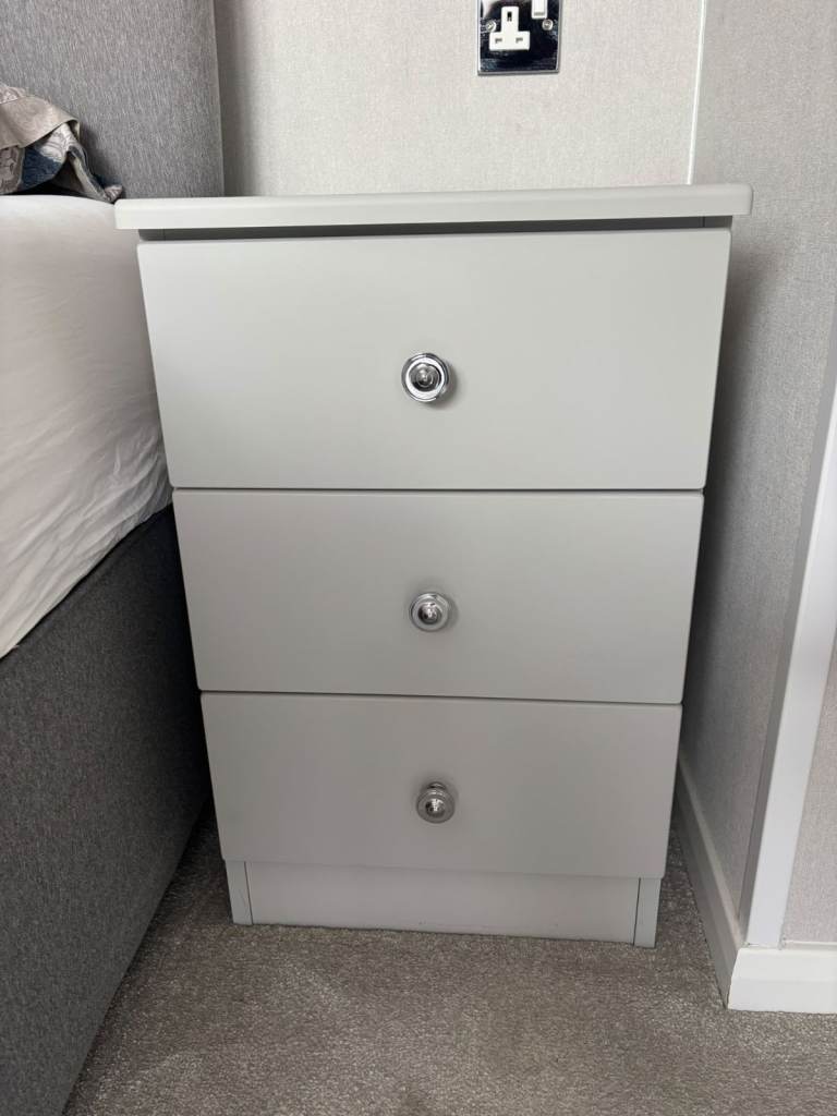Grey Bedside Table with 3 Drawers – Good Condition