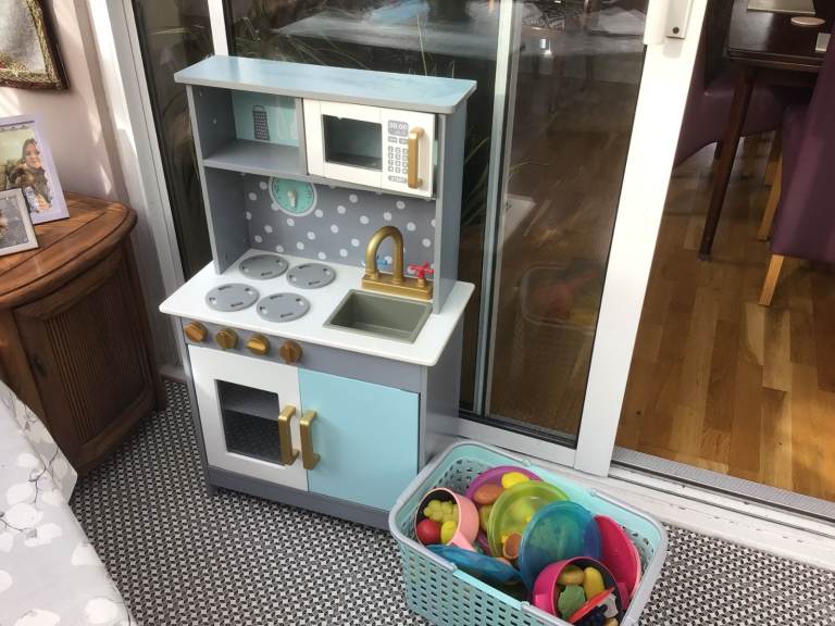 Child's Large Wooden Kitchen with Food and Crockery. 
