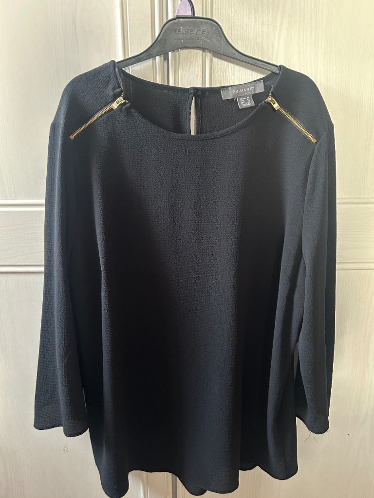 Primark Black Long Sleeve Top with Zips – Size 14, Good Condition