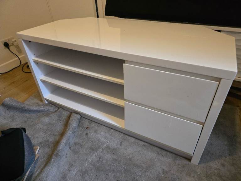 White Gloss TV Unit with Storage Shelves and Drawers