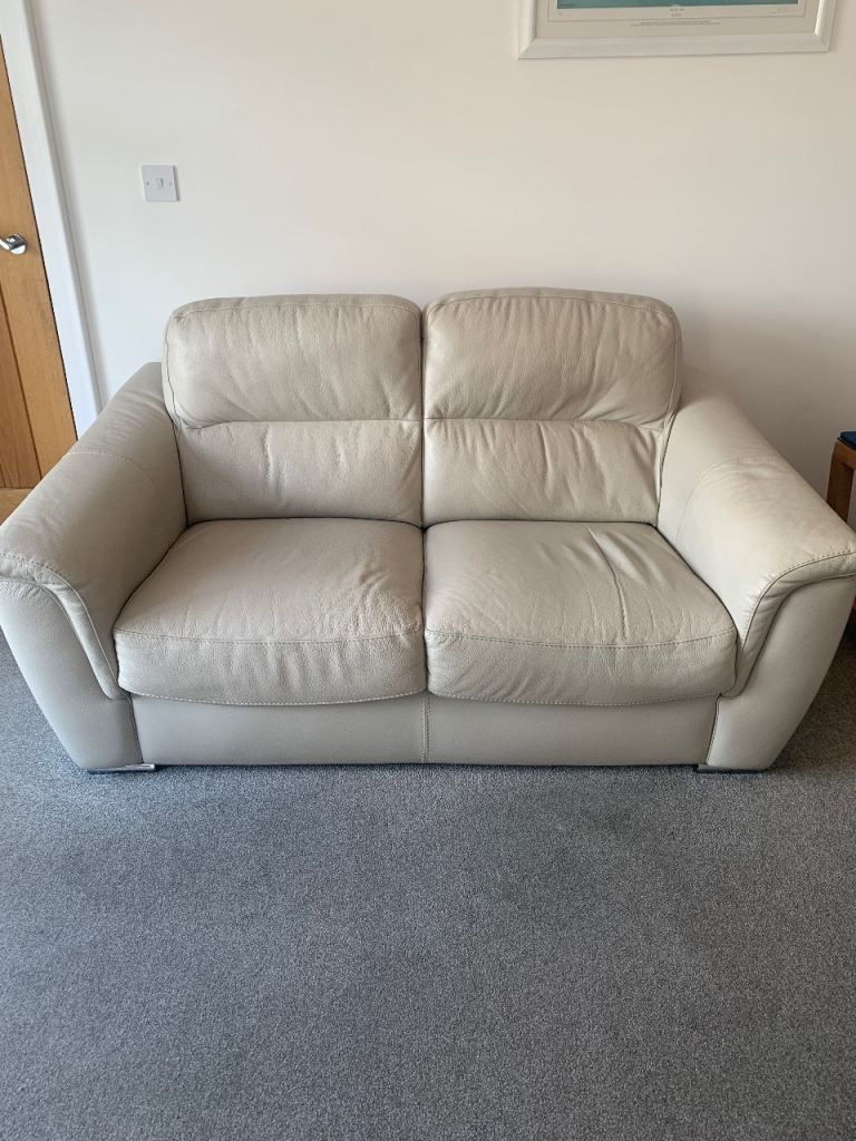 Cream Leather Two & Three Seater Sofa – Good Condition