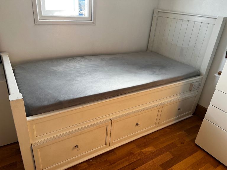 White Wooden Single Bed with Storage Drawers