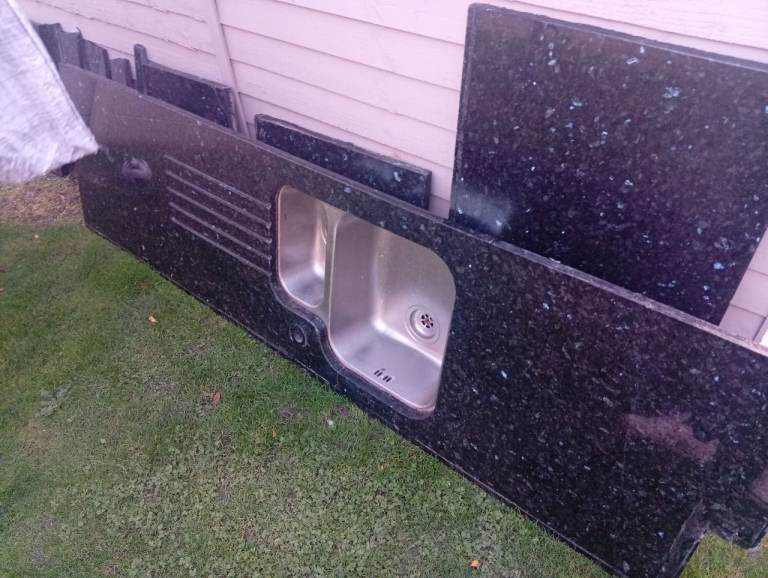 Black Granite Worktop Pieces and Sink – Good Condition